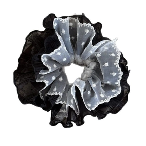 Double-layered black scrunchie with white polka dot lace ruffles for women hair accessories