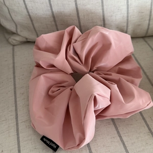 Large cream pink faux leather scrunchie with gloss finish and Hand Made woven label