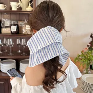 Oversized Blue Striped Fabric Scrunchie Large Bow Hair Tie High Elastic Ponytail Holder Korean Style Fashion Hair Accessories For Women