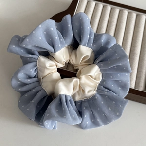 Blue polka dot lace scrunchie with layered chiffon and satin for women's hair styling