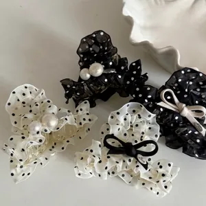 French Vintage Chiffon Polka Dot Hair Claw Clip With Bow And Faux Artificial Pearl Elegant Shark Clip For Women Daily Hair Accessories