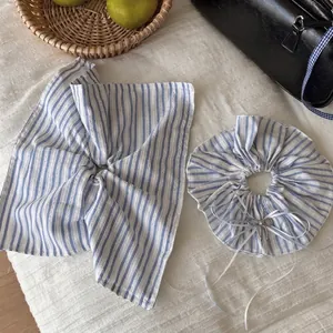 Blue and white striped pet bandana and ruffle collar set with silver bow detail