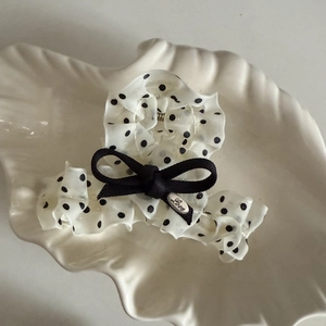 Elegant white polka dot chiffon hair claw clip with black bow and Love tag accessory