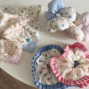 Chouchou à Carreaux Fleuri Frais Élastique à Cheveux Doux Avec Nœud Cœur Volants Bandeau en Tissu pour Femme Accessoires Cheveux