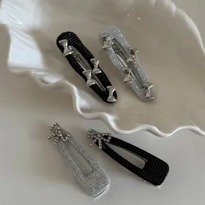 Korean Style Bow Hair Clip For Women Elegant Glitter Silver Black Fabric Alloy Rhinestone Side Clip Fashion Hair Accessories