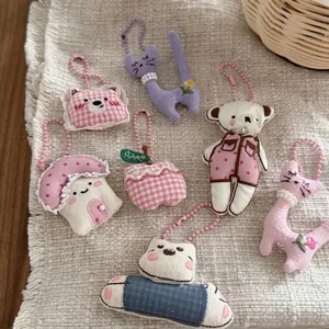 Pink polka dot bear and rabbit bead chain keychains set for cute bag decoration