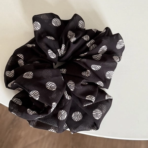 Elegant black chiffon hair scrunchie with white polka dots for high ponytail styling