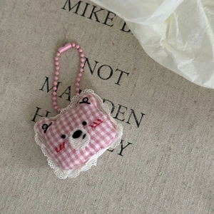 Sweet pink checkered bear plush keychain with delicate lace trim and pink bead chain