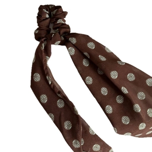 Brown chiffon polka dot scrunchie with long ribbons for elegant ponytail styling