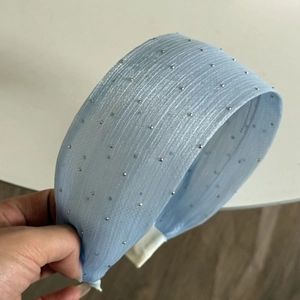 Light blue wide pleated headband with silver rhinestones and non-slip lining