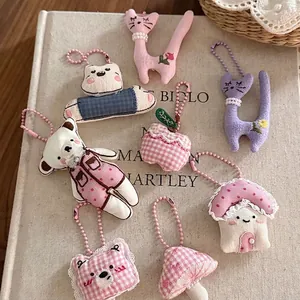 Korean Handmade Fabric Bear Cat Keychain Bag Charm Gingham Polka Dot Artificial Pearl Decor Sweet Cute Pendant Women Girls Gift
