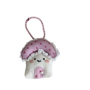 Pink polka dot mushroom plush keychain with sweet beaded strap for bags and keys