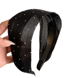 Elegant black wide headband with mesh fabric and sparkling silver rhinestones for women