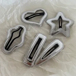 Five-piece silver PU leather hair clip set with star heart and waterdrop shapes