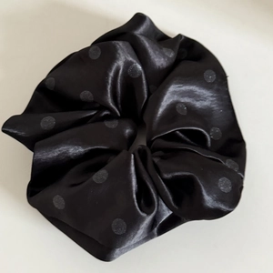 French style black satin hair scrunchie with matte polka dots for elegant ponytails