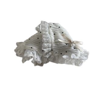 Lace polka dot hair claw clip with beige ribbon bow and white pearl drop for women