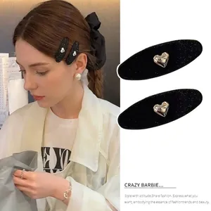 Koreanische Mode Herz Glitzer Oval Haarklammer Für Damen Elegant Schwarz Silber BB Clip Herz Dekor Haarschmuck