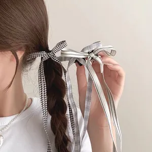 Pince à Cheveux Balletcore Nœud en Vichy Long Ruban Pince à Cheveux en Tissu à Carreaux et Rayures Accessoires Cheveux Femme Fille