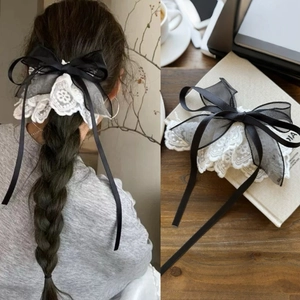 French Vintage Lace Bowknot Hair Clip For Women Elegant Black White Ribbon Ponytail Clip Sweet Princess Hair Accessories