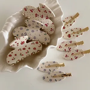 Pince à Cheveux Requin en Acétate Floral Français Femme Douce Rose Cerise Pince avec Strass Accessoires Cheveux Mode