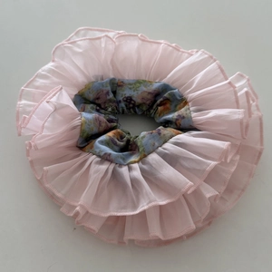 Pink organza scrunchie with floral inner layer and ruffled edge design