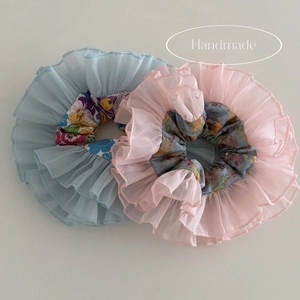 Handmade Oversized Organza Floral Scrunchies Double Layer Ruffled Edge Striped Hair Ties Sweet Hair Accessories For Women