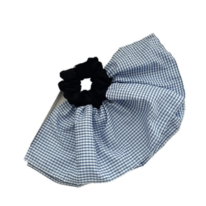 Classic blue and white checkered scrunchie for women with double-layered pleated design