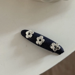 Blue denim hair clip with three silver metallic flowers for women hair accessories