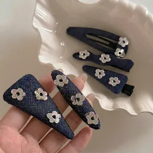 Denim Fabric Flower Hair Clip Navy Blue Small Floral Snap Clip Triangle Duckbill Side Bangs Clip Women Fashion Hair Accessories