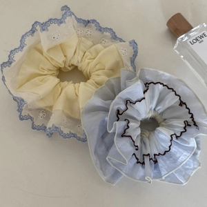 Handmade sweet lace layered scrunchie set in light blue and yellow with floral embroidery