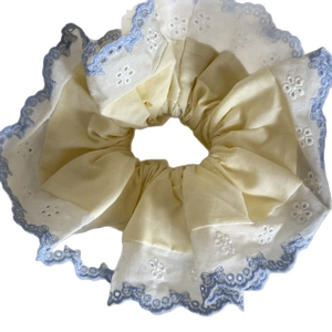 Handmade sweet double-layer lace scrunchie in pale yellow with floral embroidery