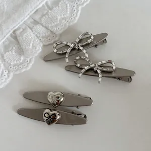 Silver bowknot and heart hair clip set with sparkling zircon for women hair accessories