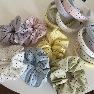 Women Korean Sweet Heart Print Fabric Headband Padded Large Hair Scrunchie Set Dopamine Color Fashion Daily Hair Accessories