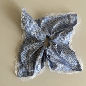 Light blue gingham scrunchie with floral embroidery and white lace trim for women