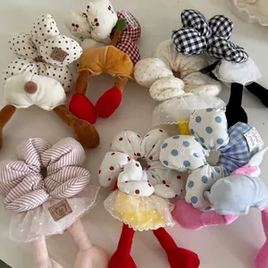 Creative Sweet Floral Plaid Sponge Hair Scrunchies Cute Doll Legs Design Handmade Fabric Mesh Lace Elastic Hair Ties For Women