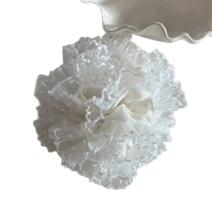 Elegant white mesh lace hair scrunchie with polka dots for high ponytail buns