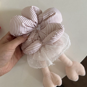 Floral blue checkered sponge scrunchie with cute plush doll legs for stylish hair styling