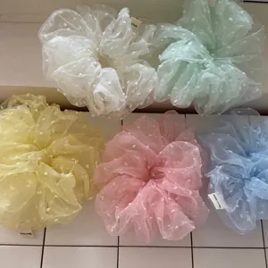 Five pack large chiffon polka dot hair scrunchies in assorted pastel colors for women
