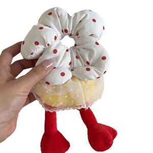 Floral blue grid sponge scrunchie with red polka dots and creative cartoon legs design