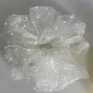 Sweet white chiffon hair scrunchie with 3D flocking polka dots and sheer mesh fabric