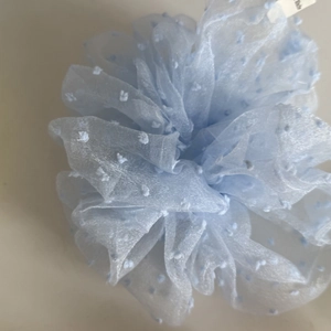 Blue chiffon polka dot oversized scrunchie hair tie with white handmade label