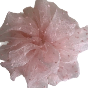 Pink chiffon polka dot hair scrunchie with sheer organza texture and ruffled floral design