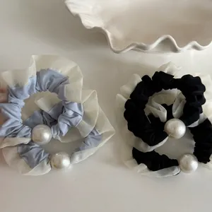 Korean Style Mesh Ruffle Large Scrunchies With Faux Artificial Pearl Decorative Elastic Hair Ties Blue Black Elegant Hair Accessories For Women