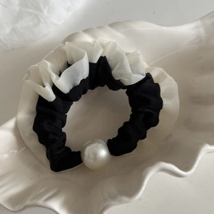 Elegant black and white chiffon scrunchie with large faux pearl on shell plate