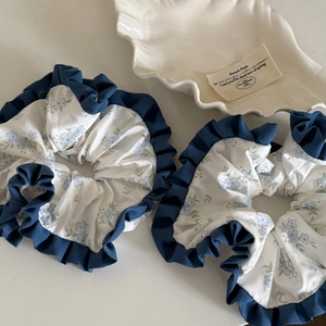 Blue floral satin scrunchies set with pleated navy edges and elegant French style design