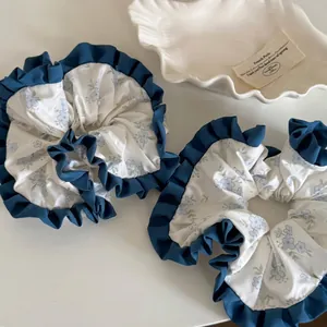 Korean Style Blue Floral Ruffled Hair Scrunchie Large Fabric Ponytail Holder Elegant Hair Tie Accessories For Women Daily Commute