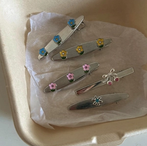 Five-piece vintage silver floral hair clip set with colorful rhinestones on brushed metal