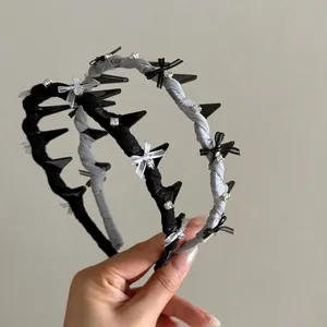 Ballet Style Fabric Wrapped Headband With Bow Rhinestone Decoration Women Fashion Teeth Comb Hair Hoop Daily Hair Accessory