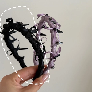 Detail of ballet style bow headbands with crystal accents and non-slip inner teeth