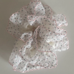 Floral organza scrunchie with pink hydrangea print and ruffled edges for women